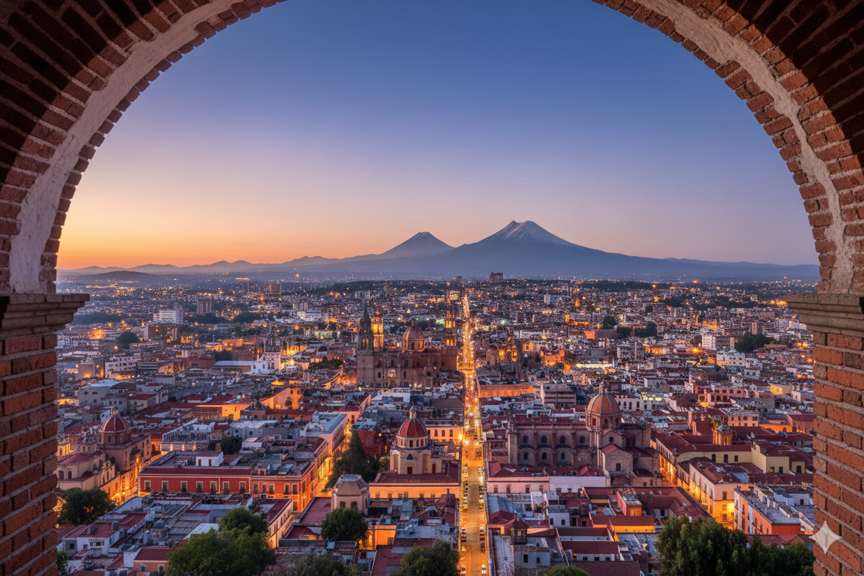 vista de puesta de sol a travez de un arco en puebla